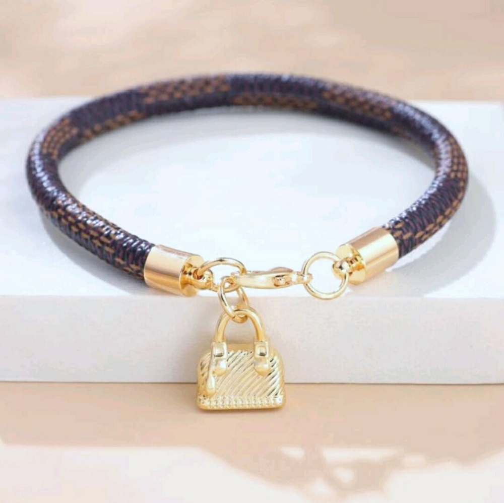Chic Gold and Brown Bracelet with Handbag Charm